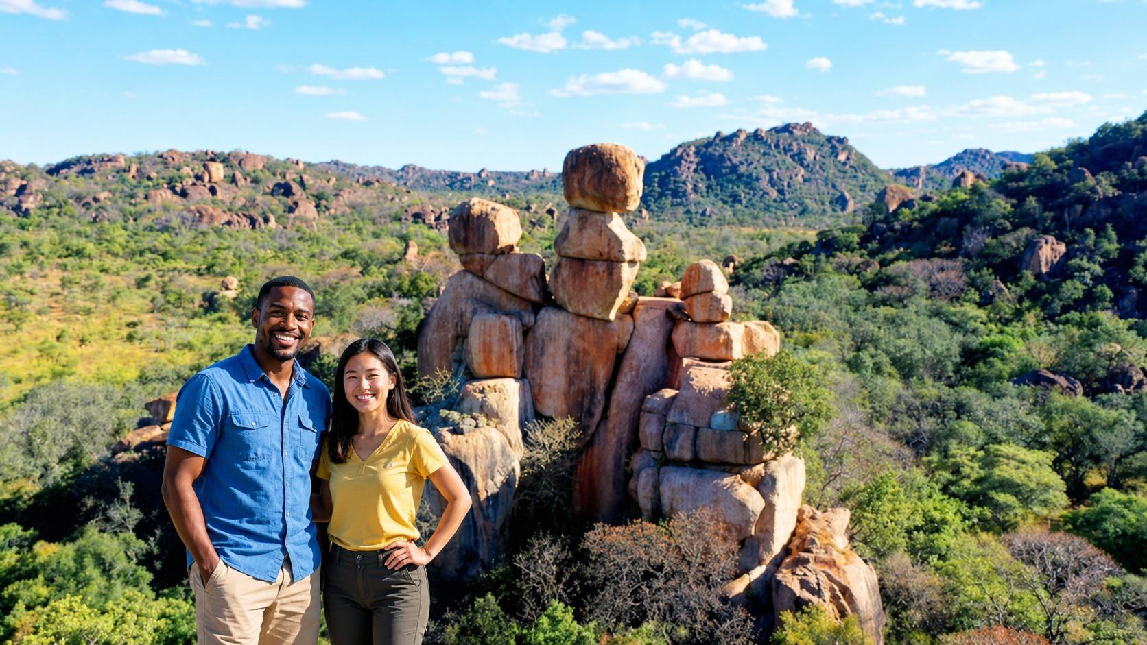 A Couple Standing Before A Rock Formation