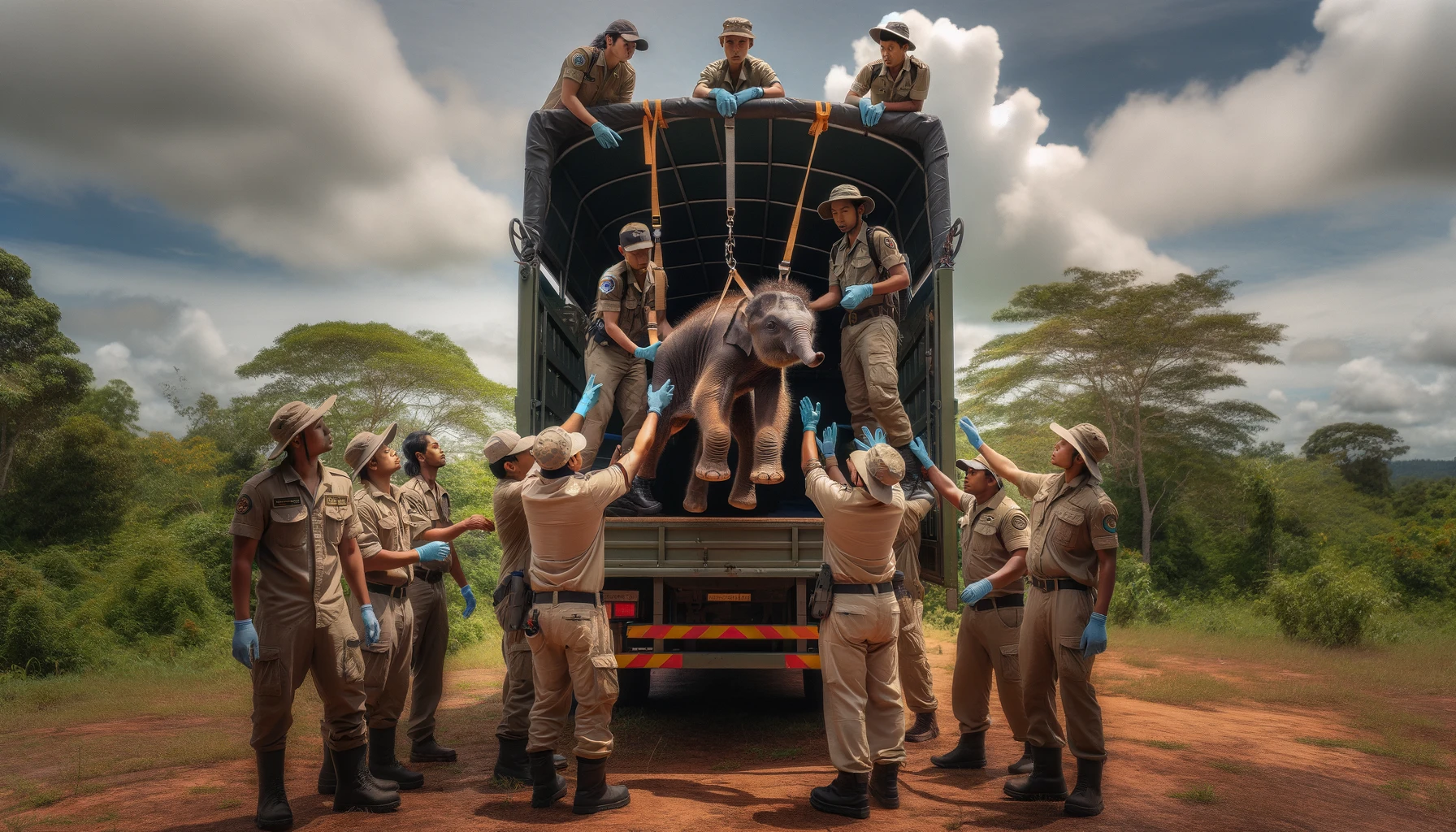 Une équipe de secours décharge un bébé éléphant d'un camion