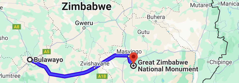 Route from Bulawayo to Great Zimbabwe National Monument on map