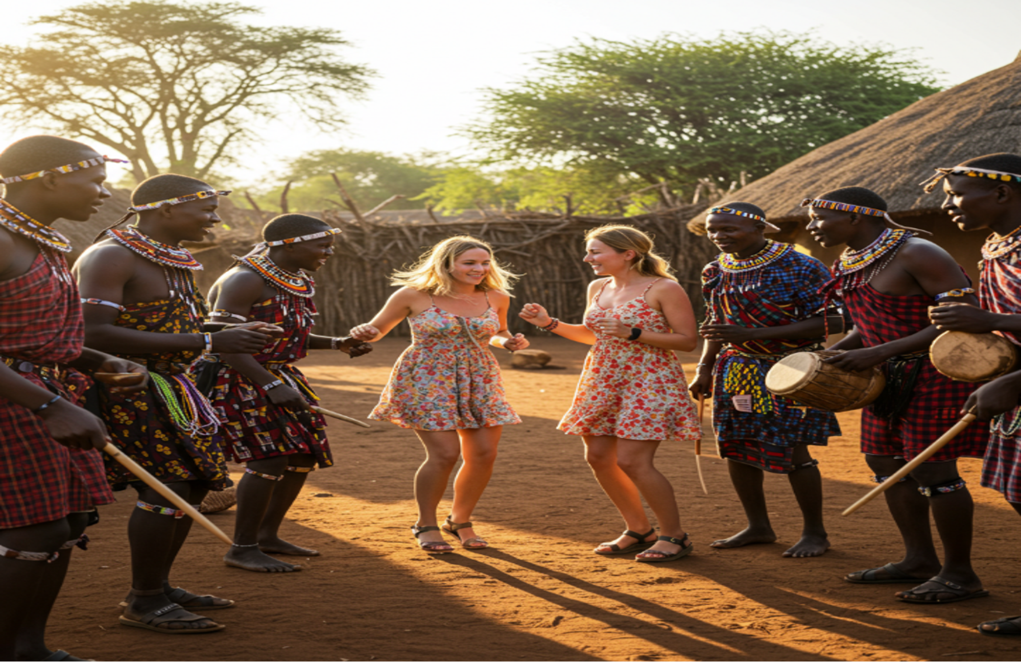 Tourists joyfully dancing with traditionally dressed locals in village