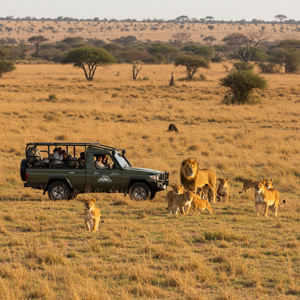 Véhicule de safari pour observer les lions dans la savane africaine