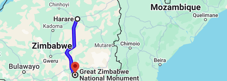 Route from Harare to Great Zimbabwe National Monument on map