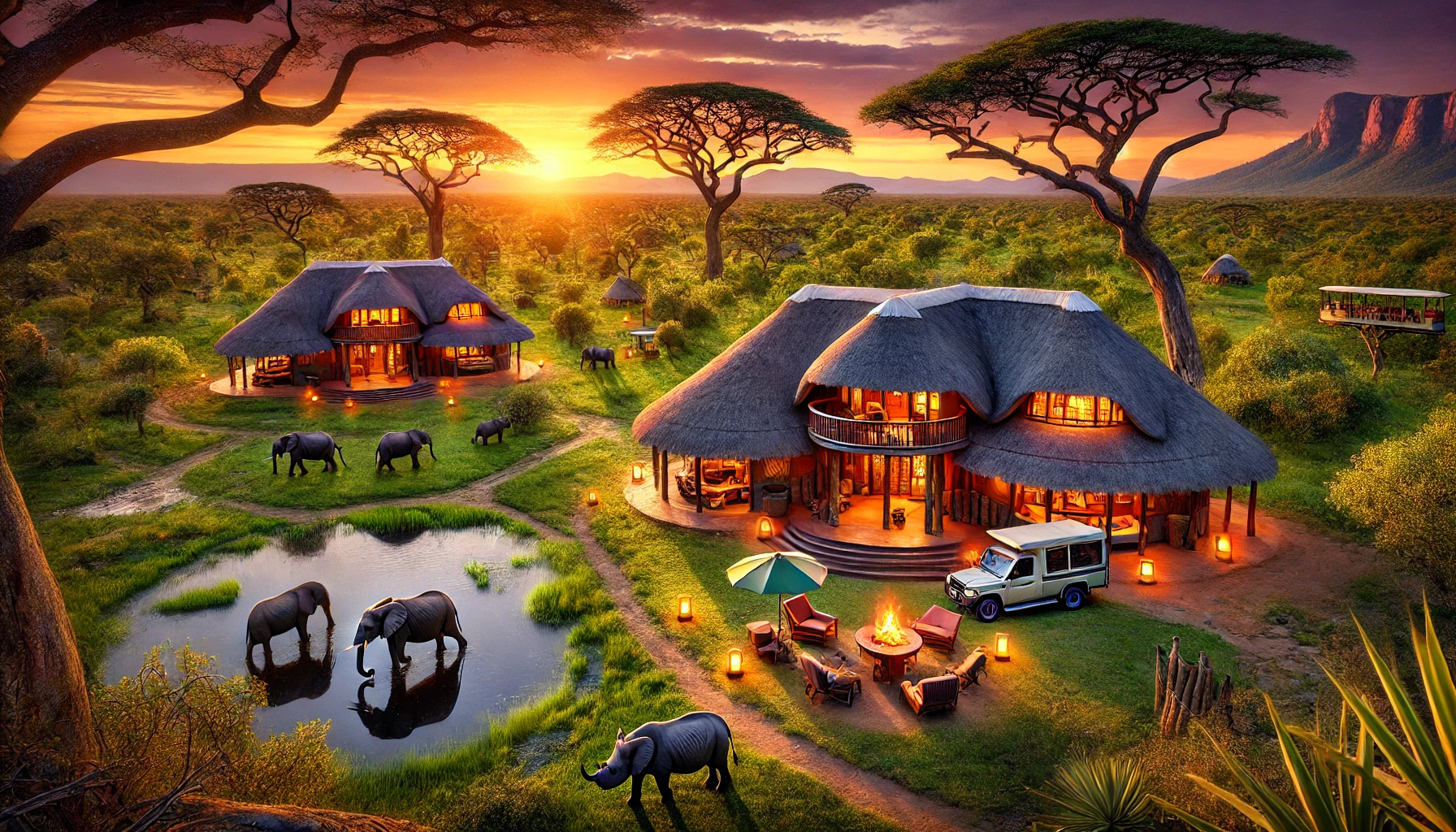 Lodge safari africain, coucher de soleil et animaux