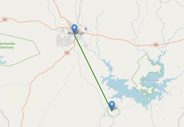 Map showing route from Masvingo to Great Zimbabwe near Lake Mutirikwi