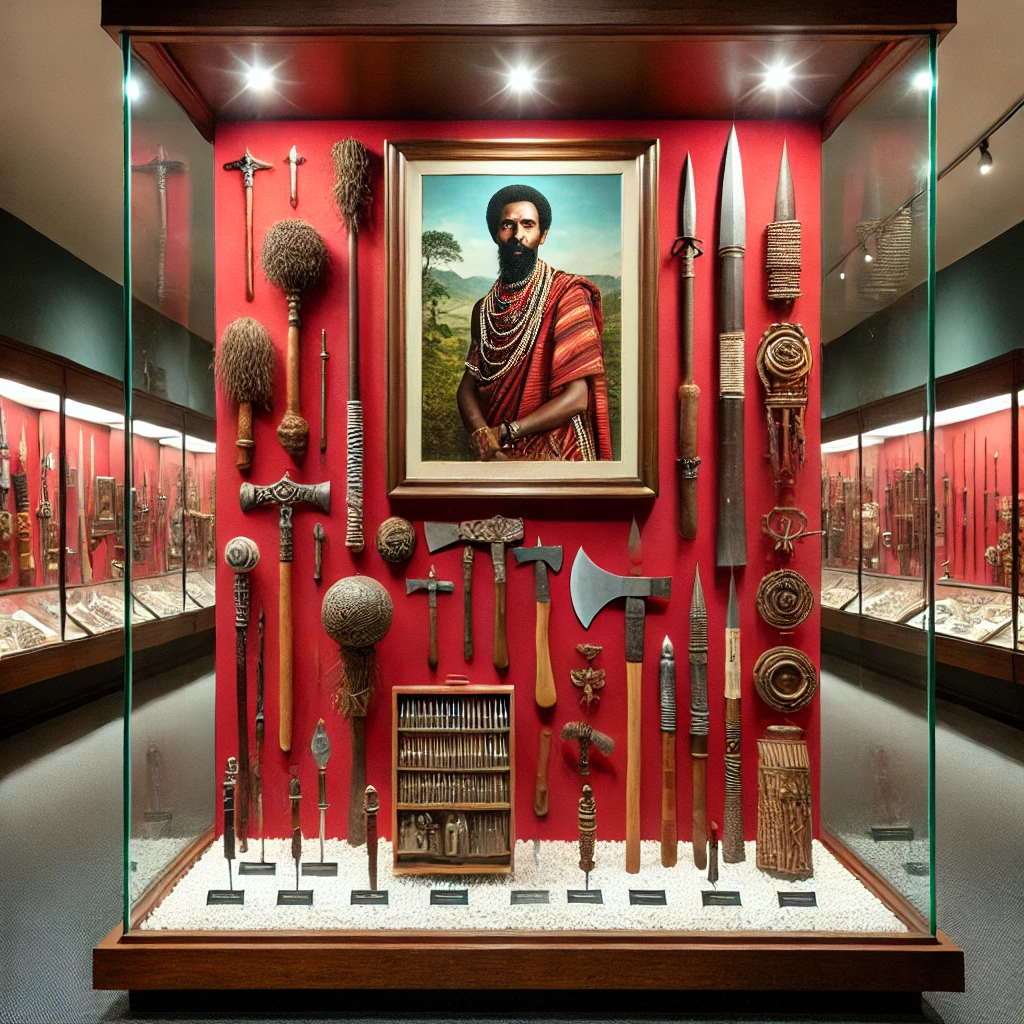 Museumsausstellung einer Sammlung traditioneller afrikanischer Waffen