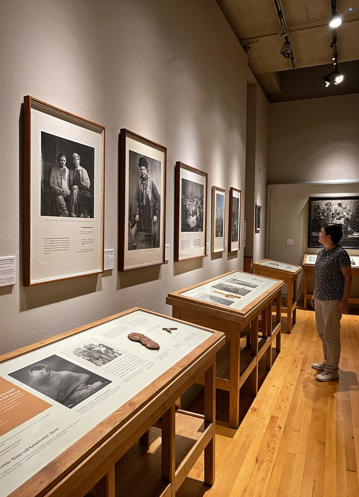 Ein Museumsbesucher betrachtet ausgestellte historische Fotografien und Artefakte