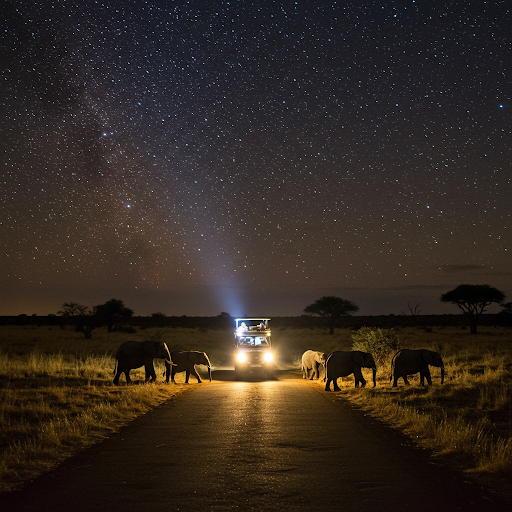 Safarifahrzeug und Elefanten unter Sternenhimmel