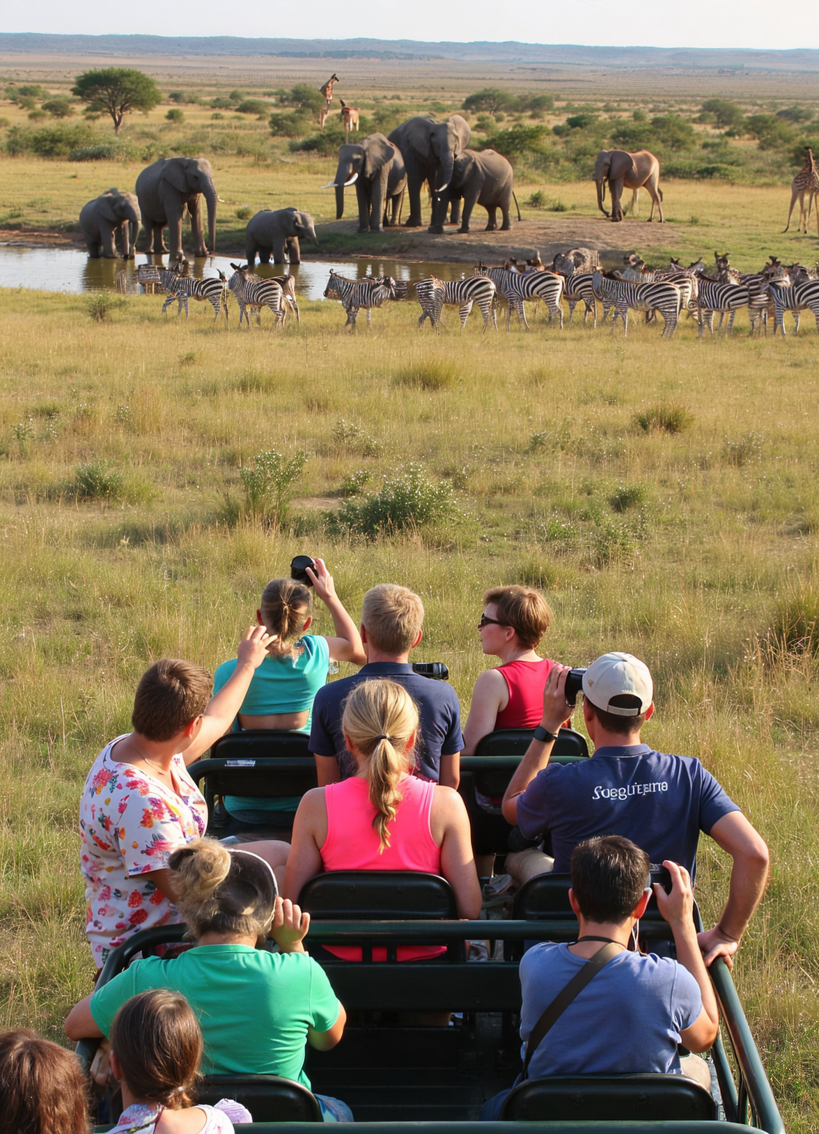 Touristen auf Safari beobachten Zebras und Elefanten