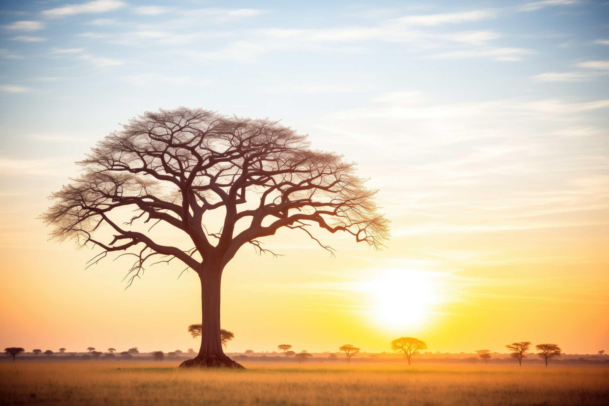 Acacia tree during sunset in the savanna