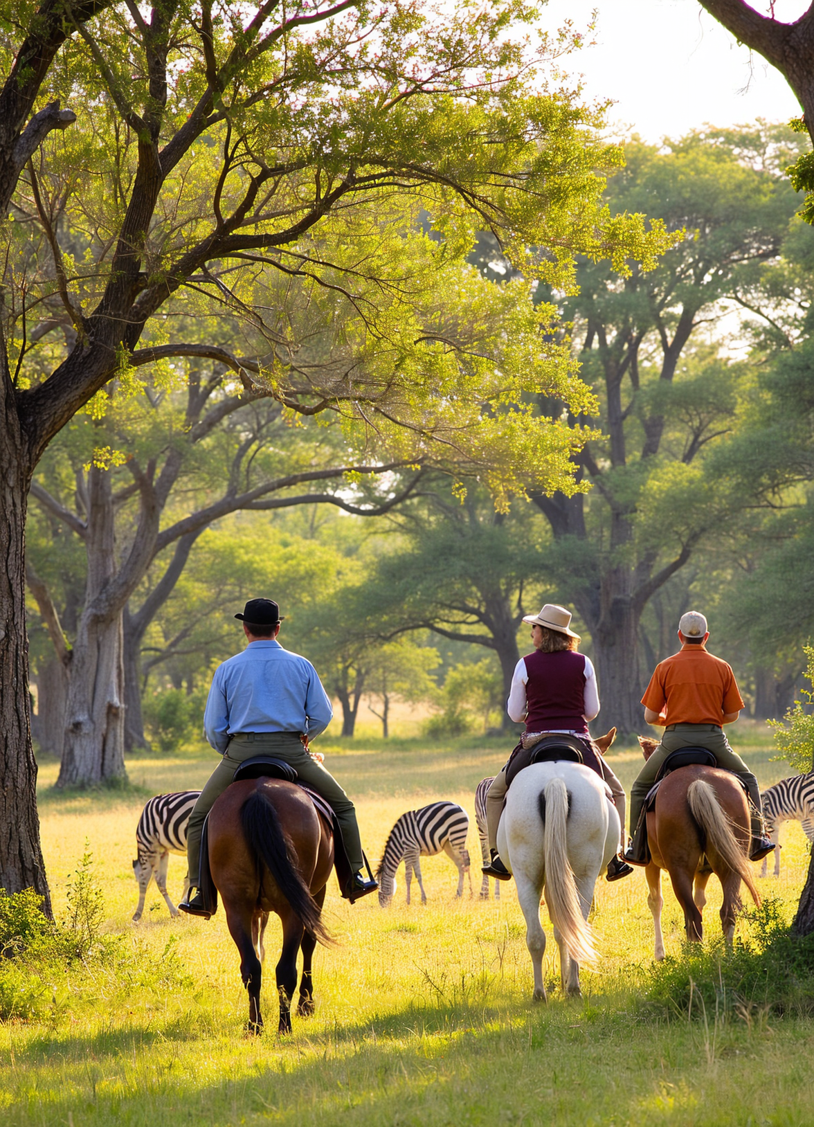 Trois personnes à cheval près des zèbres