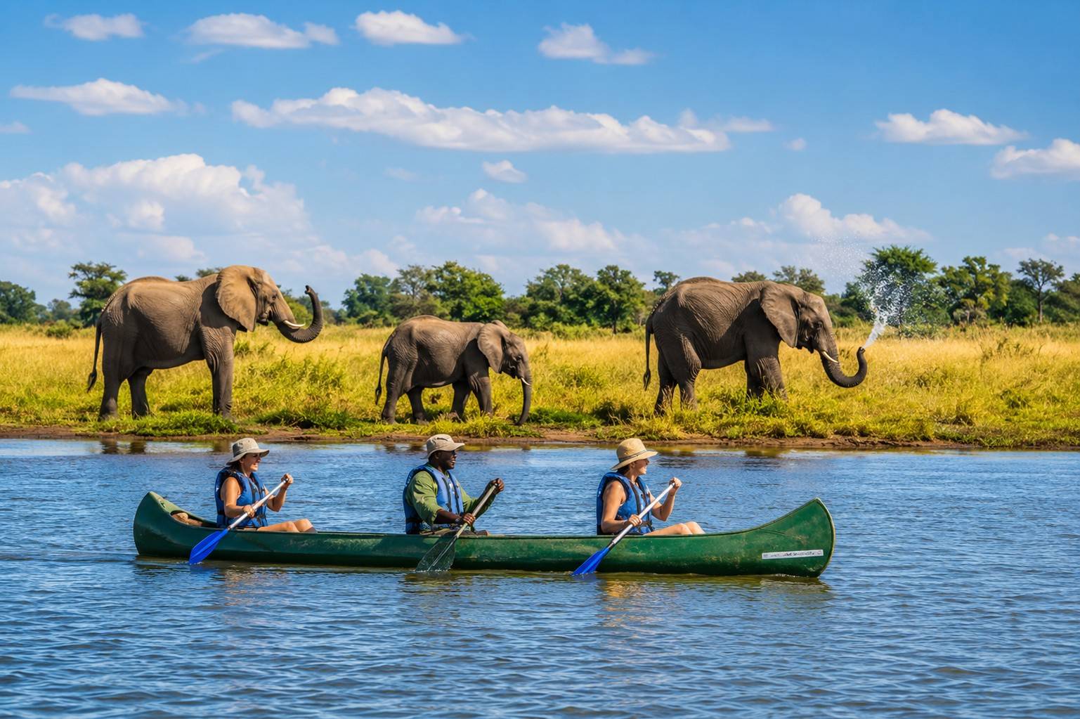 Tourists Enjoying Canoe Safari And Viewing Wildlife