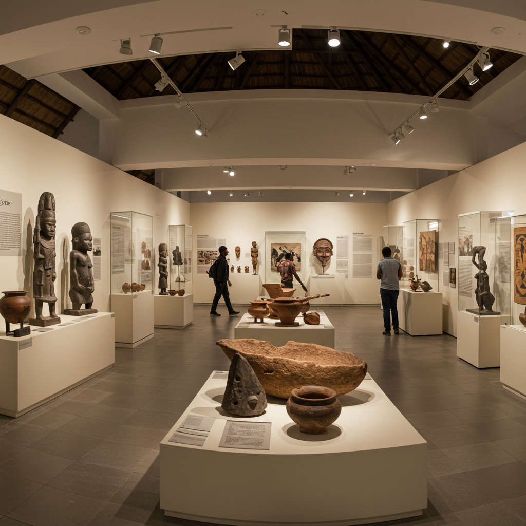 Modern museum with African artifacts, sculptures, pottery, and visitors exploring