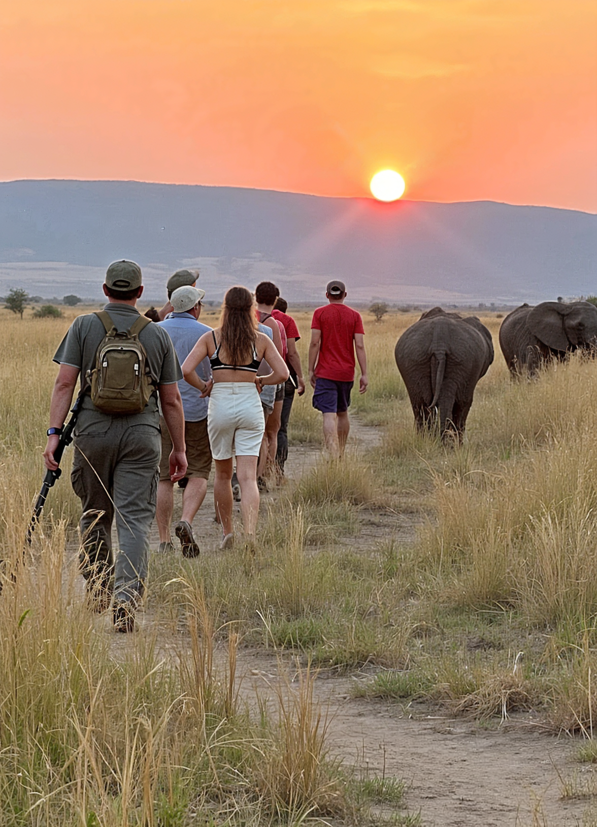 Touristen gehen bei einer Sonnenuntergangssafari in der Nähe von Elefanten spazieren