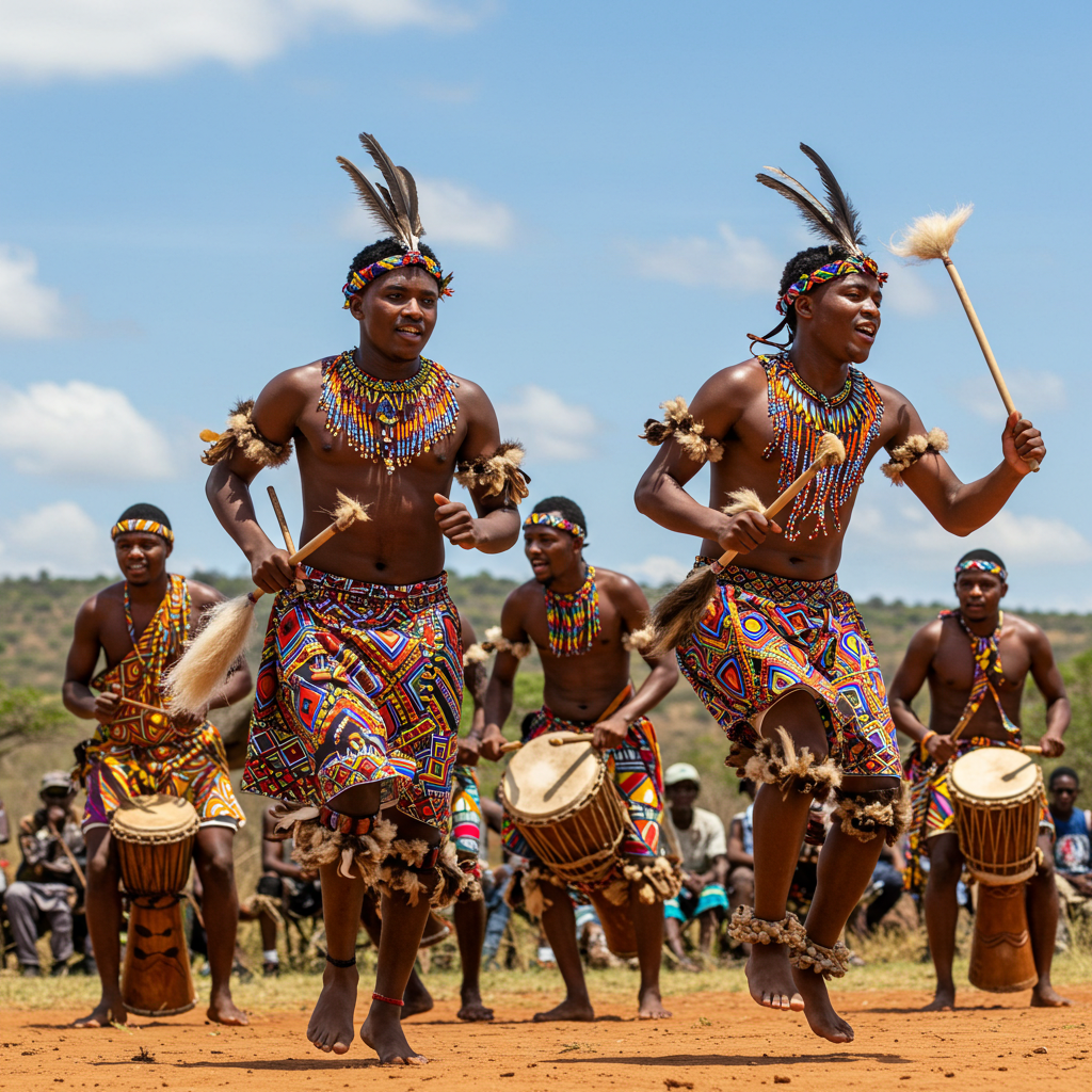 Danseurs traditionnels africains jouant avec des tambours