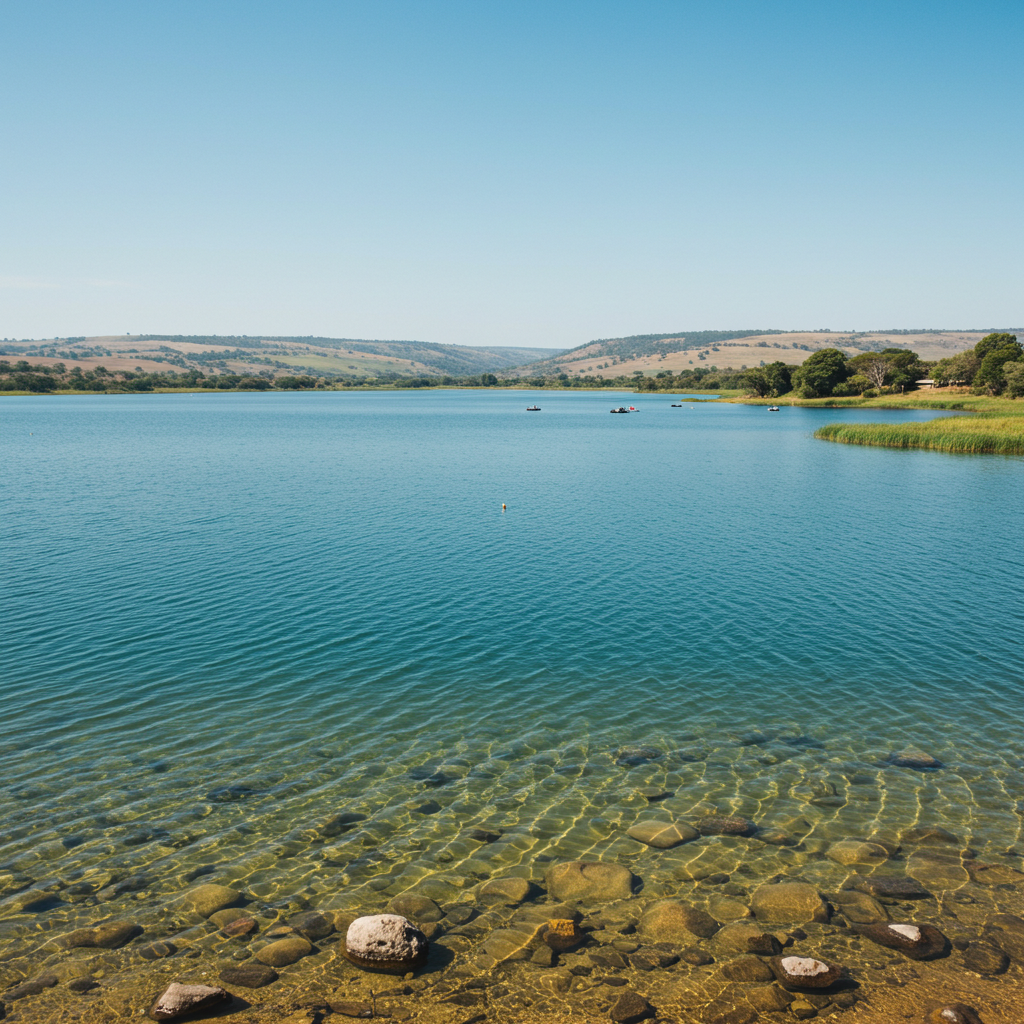 Lac bleu clair avec des collines et des bateaux au loin