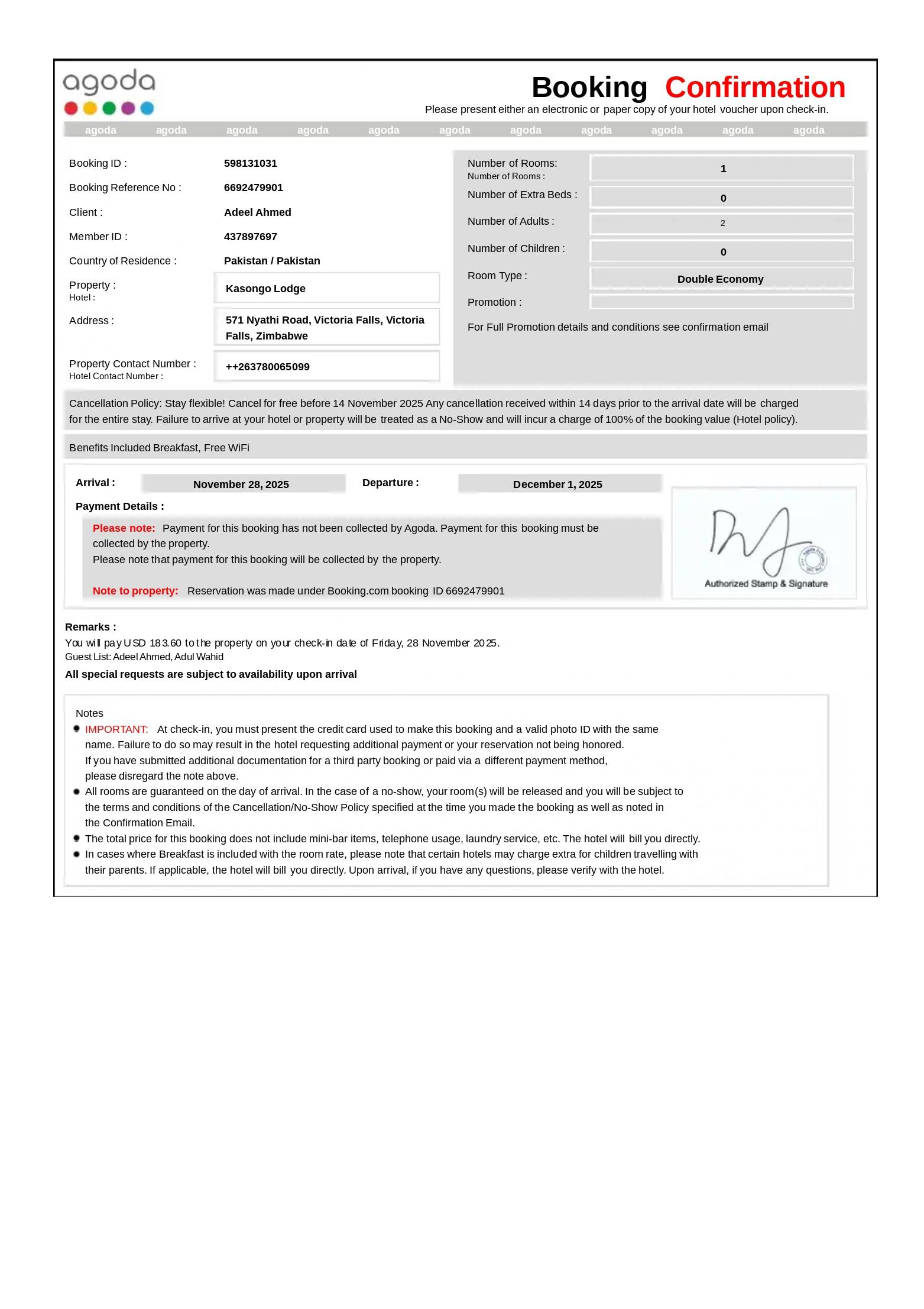 Zimbabwe Accommodation Proof