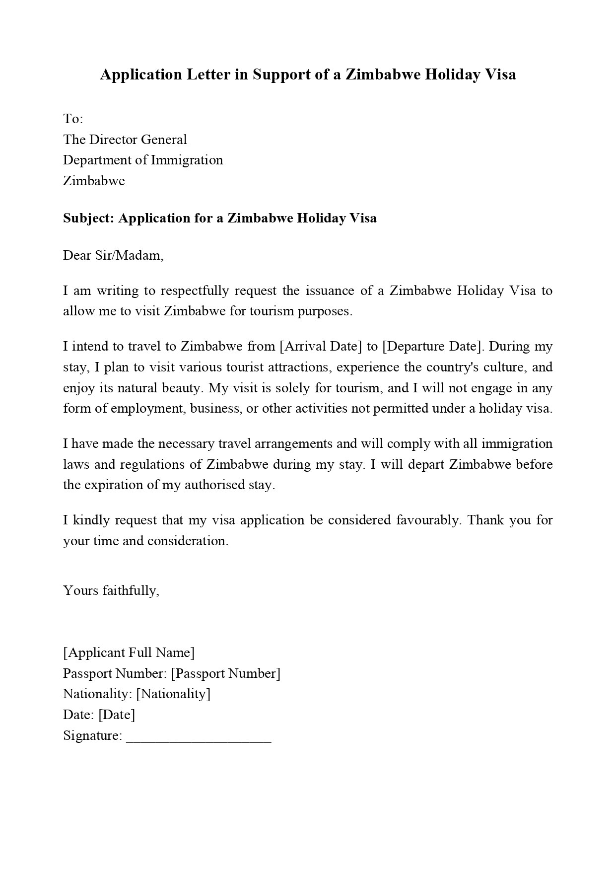 Zimbabwe Application Letter