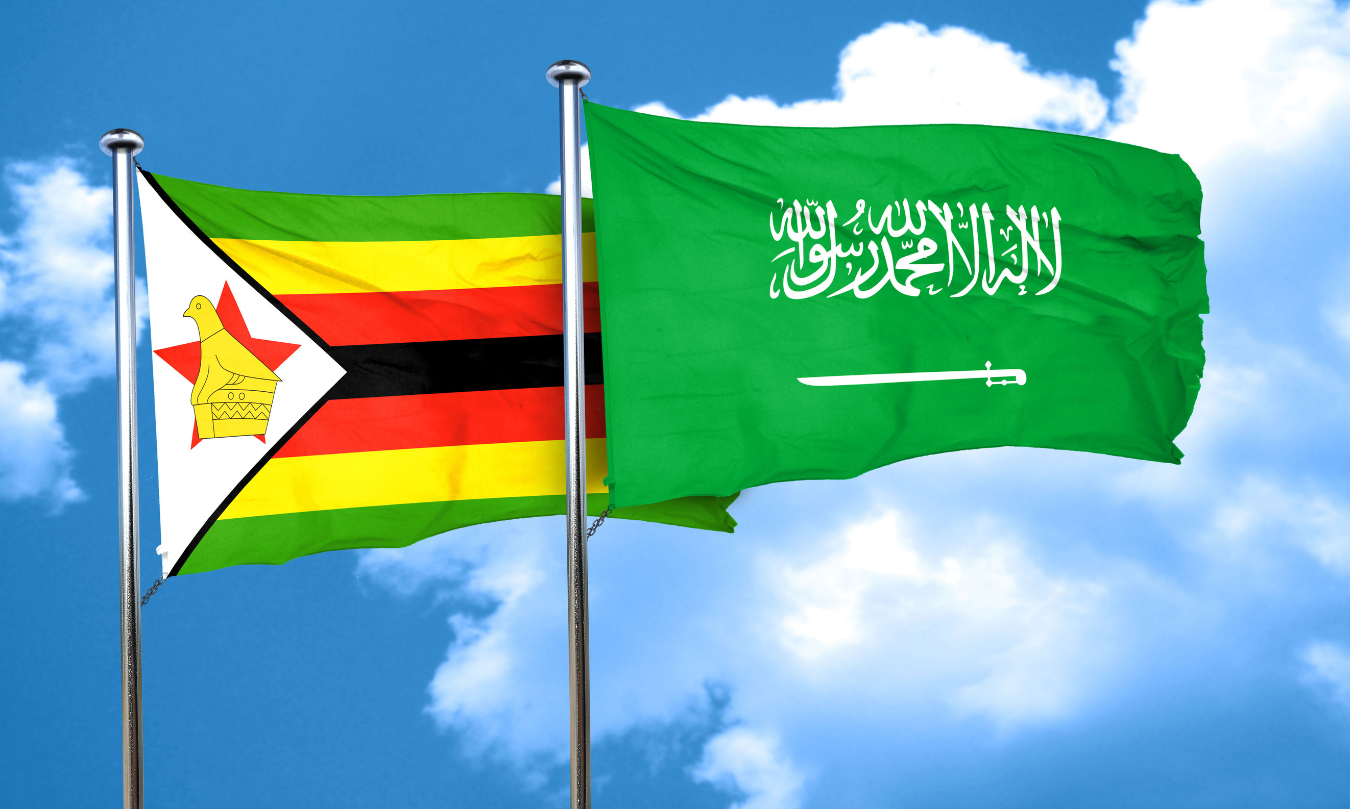 Flags of Zimbabwe and Saudi Arabia waving against a blue sky with clouds