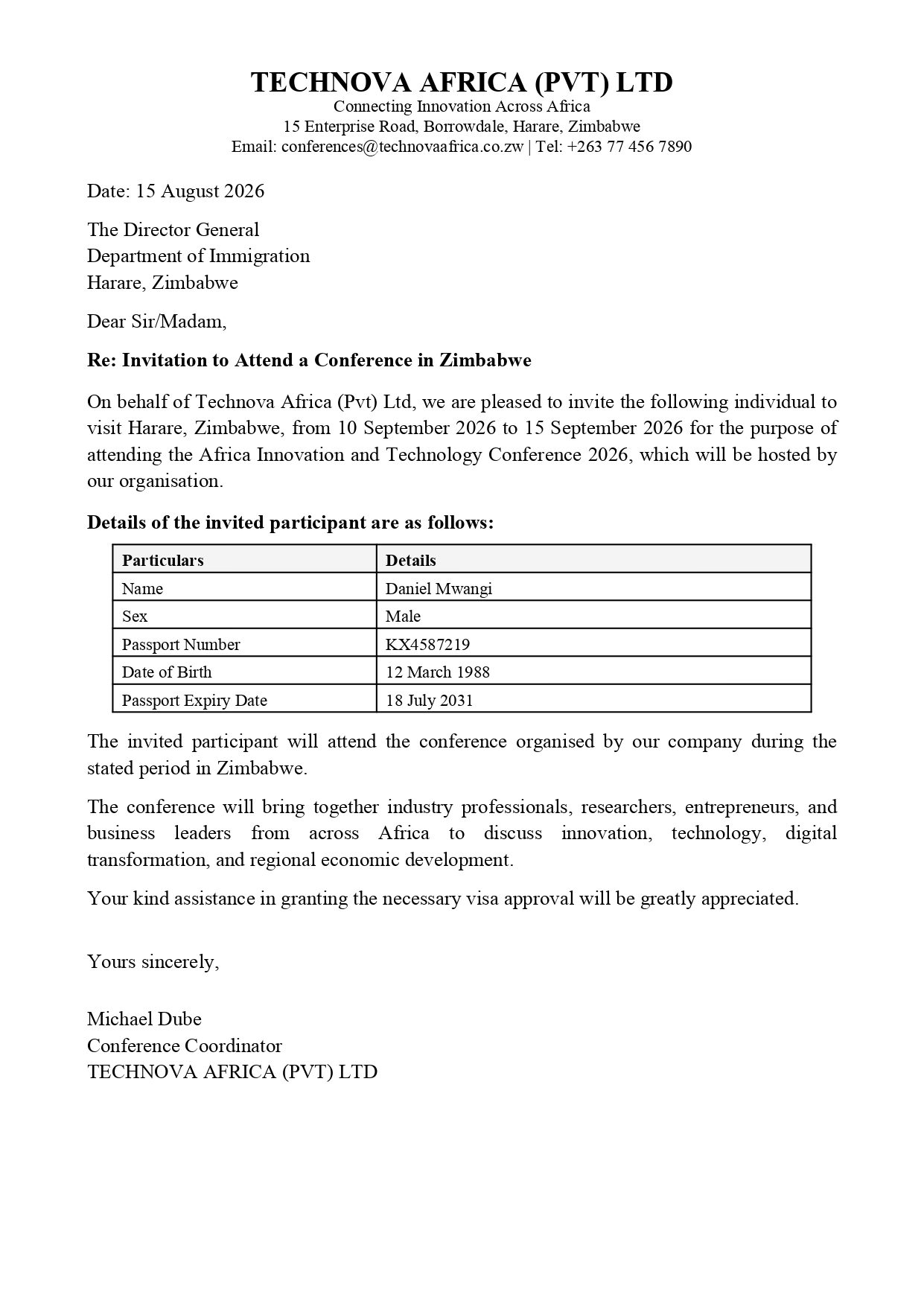 Zimbabwe Invitation Letter
