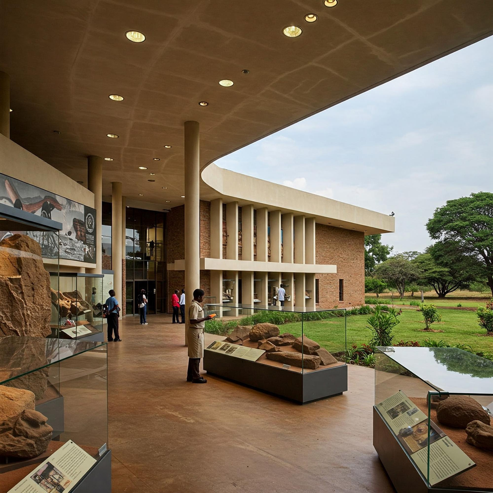 Modernes Museum mit Artefakten, Besuchern und offener Architektur im Grünen