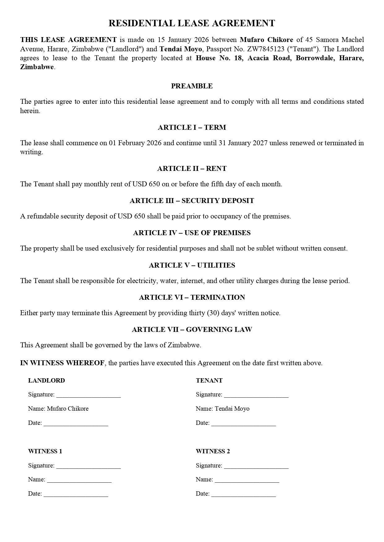 Zimbabwe Rent Agreement
