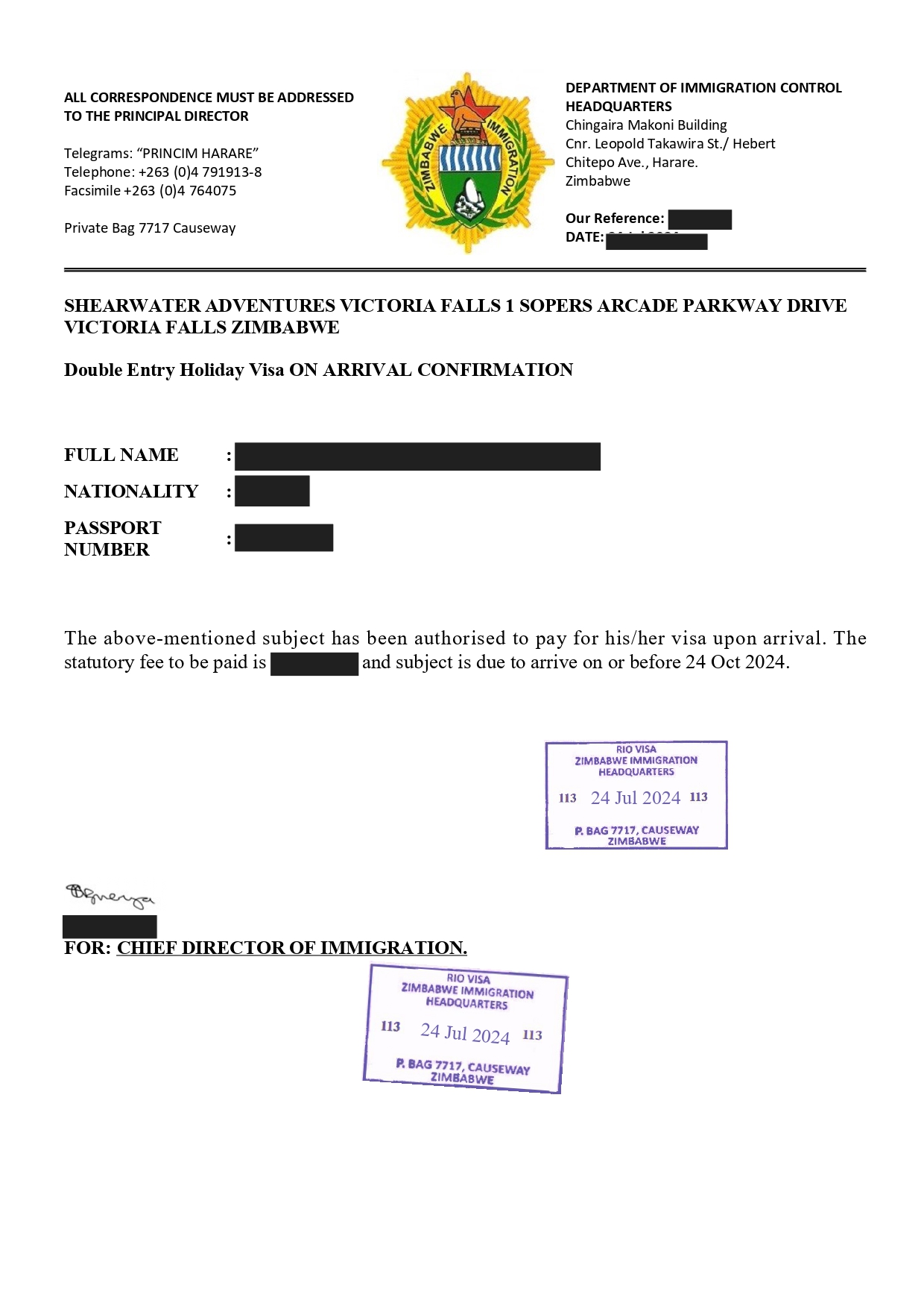 Zimbabwe Visa Sample